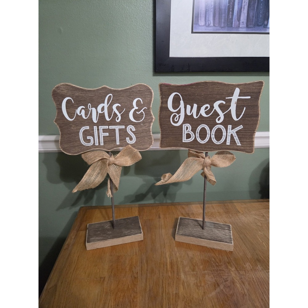 CARDS & GIFTS & GUEST BOOK Pedestal Signs w/ Burlap Ribbon 14" Wedding Decor